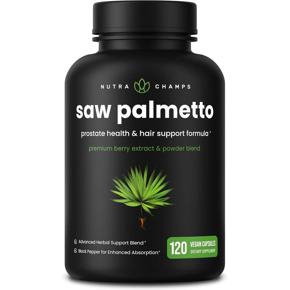 NutraChamps Saw Palmetto supplement bottle front view for prostate health and urinary support.