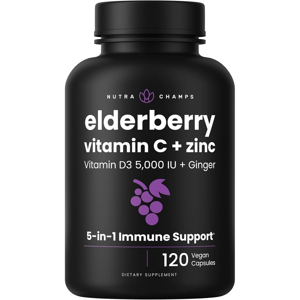 NutraChamps Elderberry 5-in-1 capsules front view for daily immune defense