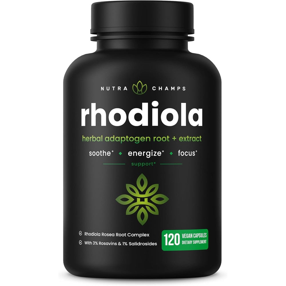 NutraChamps Rhodiola Rosea 600mg bottle front view showing 120 vegan capsules