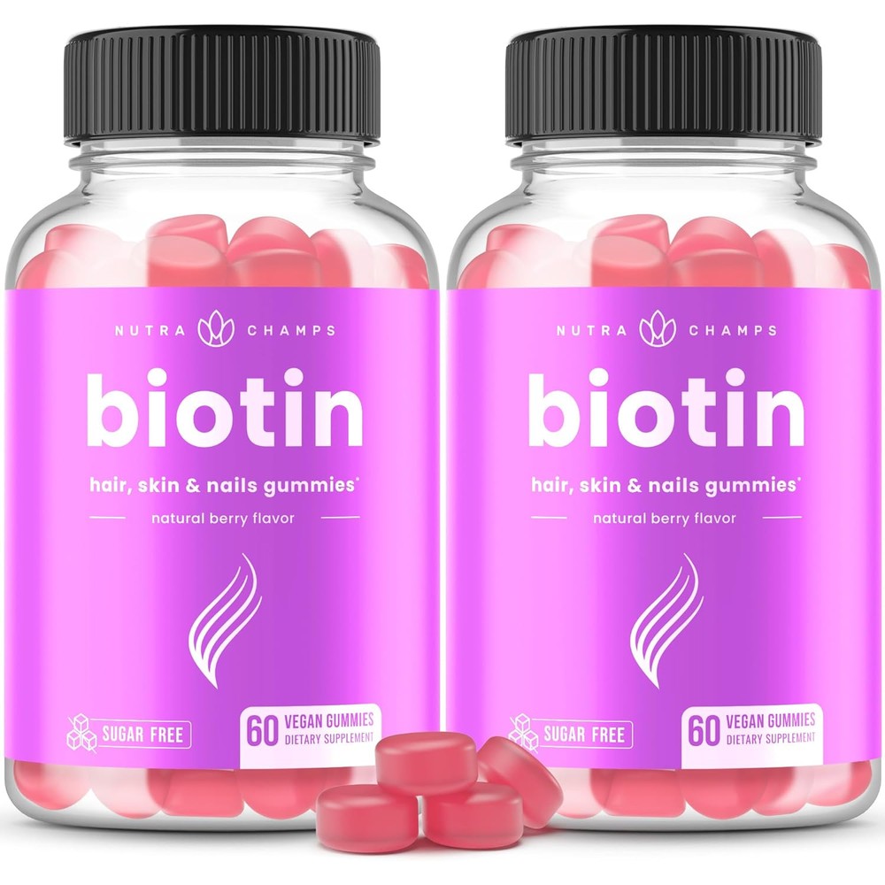 NutraChamps Sugar Free Biotin Gummies front bottle view showing raspberry flavor