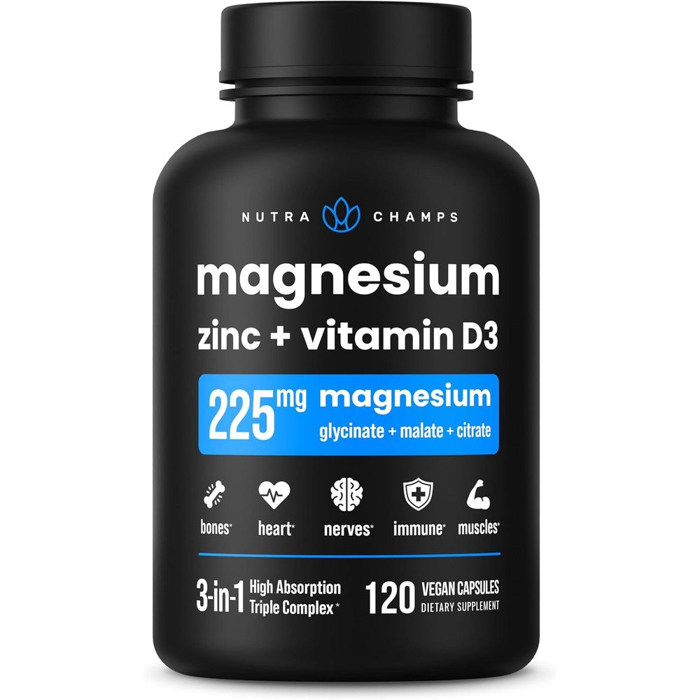 NutraChamps Magnesium Zinc and Vitamin D3 120 vegan capsules front bottle view for muscle recovery