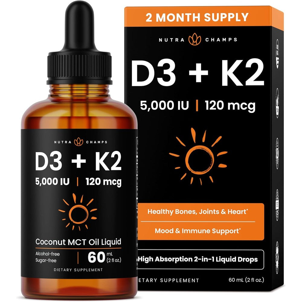 NutraChamps Vitamin D3 K2 Drops 60ml front bottle view for bone health
