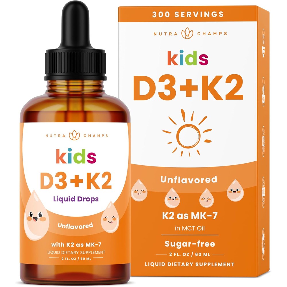 NutraChamps Kids Vitamin D3 K2 liquid drops front bottle view for bone health support