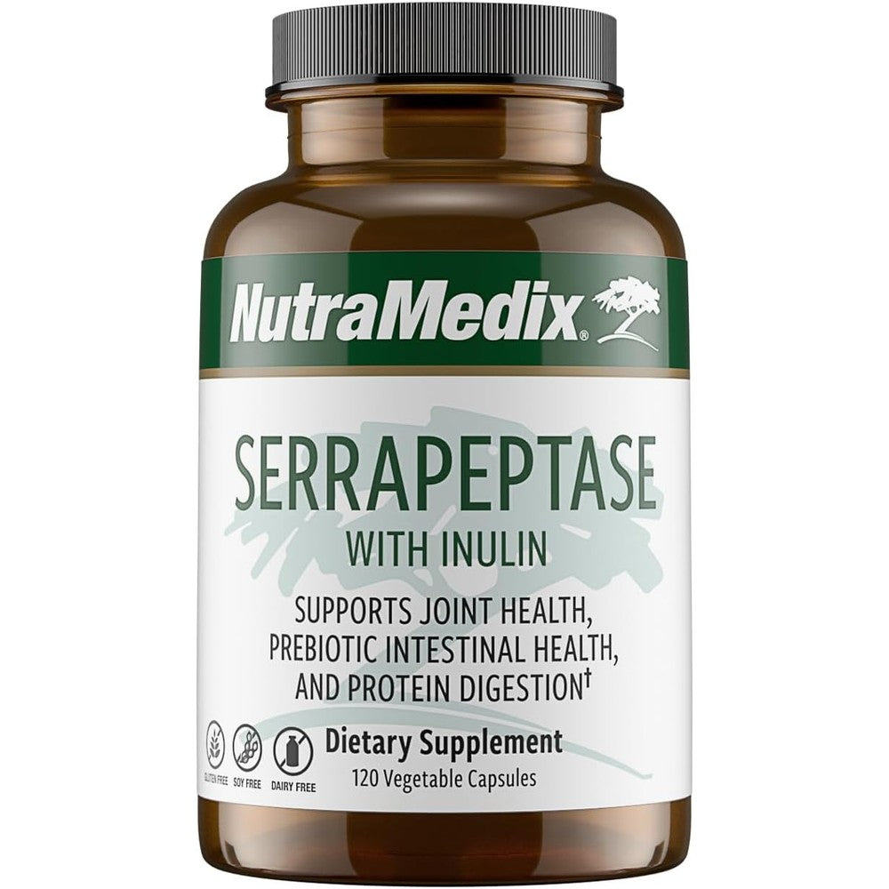 NutraMedix Serrapeptase Supplement with Proteolytic Digestive Enzymes for Women & Men - Inulin Prebiotic Fiber for Gut Health & Joint Support - Dairy, Soy & Gluten-Free (120 Capsules)
