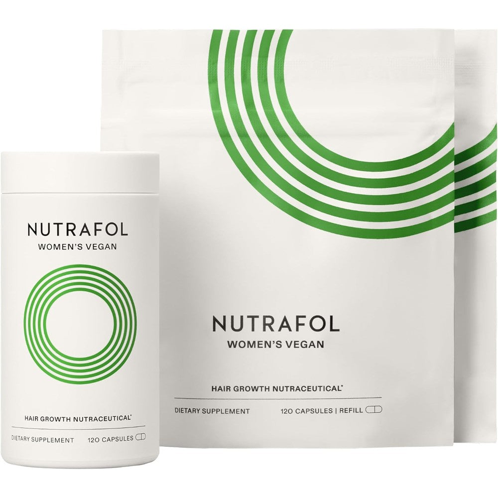 Nutrafol Women's Vegan Hair Growth Supplement front view of the packaging for hair thinning solutions