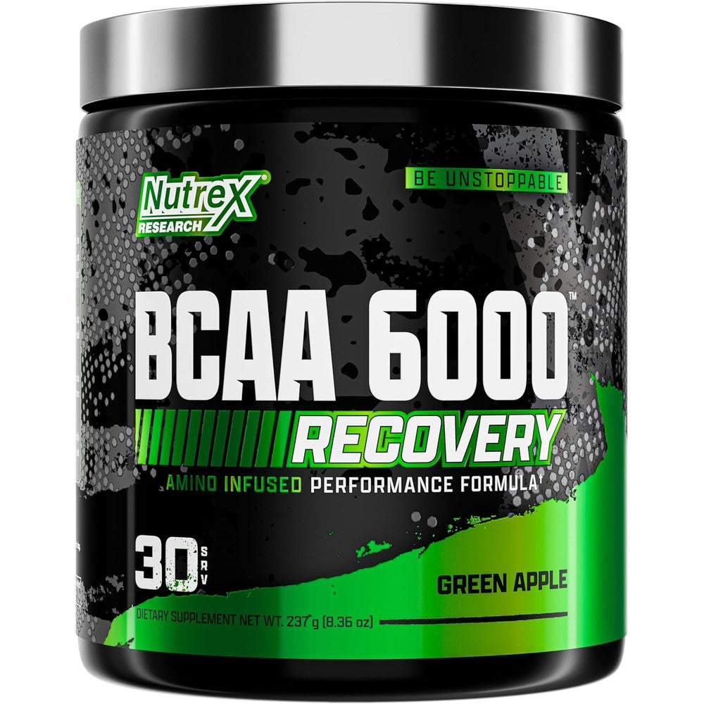 Nutrex Research BCAA Powder 6000 Green Apple tub front view