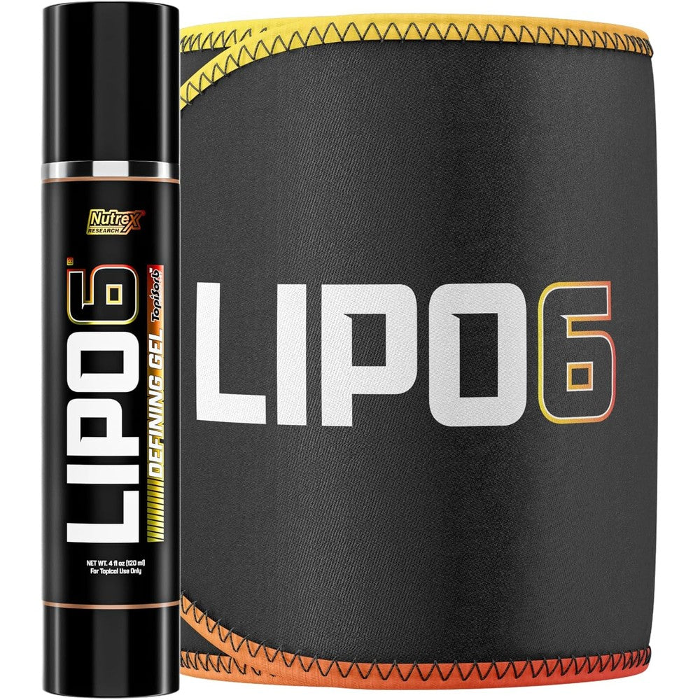 Nutrex Research Lipo6 Defining Gel 4 Fluid Ounces bottle front view with black waist trimmer belt import fitness gear
