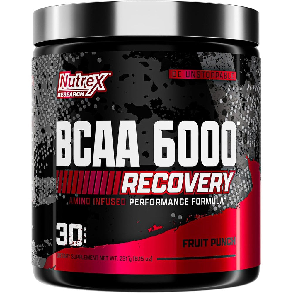 Nutrex Research BCAA Powder 6000 Fruit Punch front container view for authentic muscle recovery powder