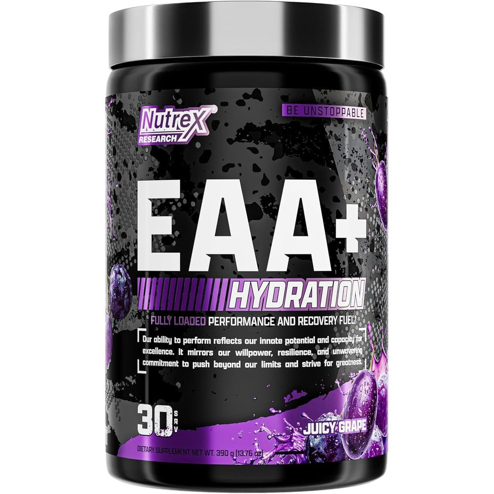 Nutrex Research EAA Hydration Juicy Grape tub front view imported essential aminos powder