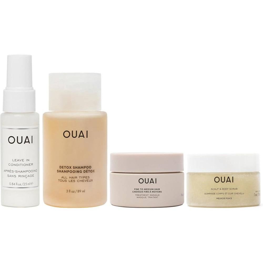 OUAI Travel Kit - Includes Travel Size Leave In Conditioner, Detox Shampoo, Fine to Medium Hair Mask, Scalp & Body Scrub (4 Count)