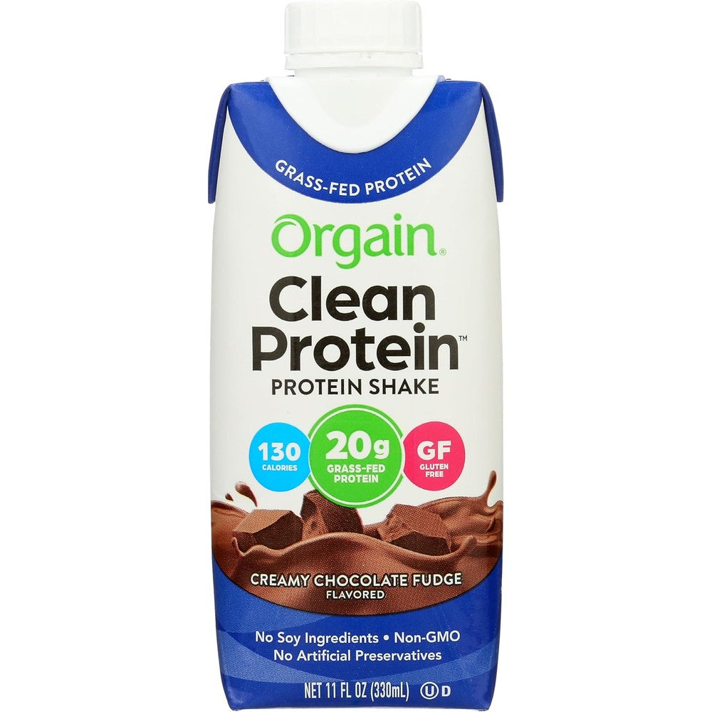 Orgain grass fed whey protein shake chocolate fudge front view