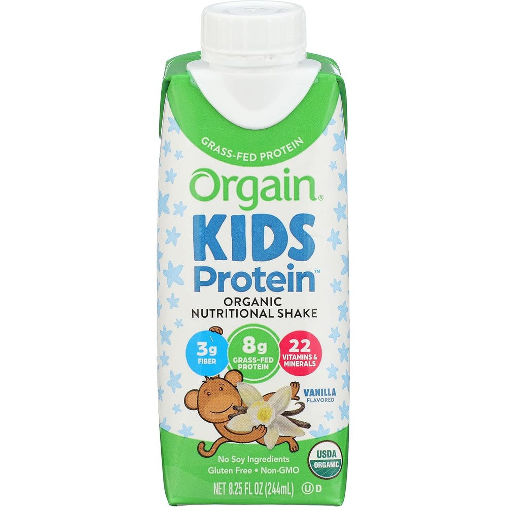 Orgain Nutri Shake Healthy Kids Vanilla Organic front view pack showing grass fed protein claims