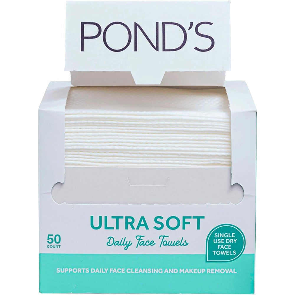 POND'S Ultra Soft Dry Face Towels, 50 Count, Biobased Disposable Wipes for Makeup Removal, Gently Exfoliating, Durable and Gentle for Sensitive Skin