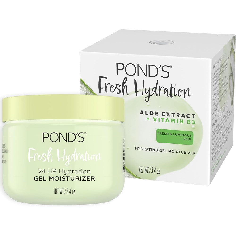 POND'S Fresh Hydration Gel Moisturizer - 24 HR Hydration with Aloe Vera Extract, Vitamin E & B3 Niacinamide - Alcohol & Oil-Free Face Moisturizer - Dermatologist Tested, 3.4 oz
