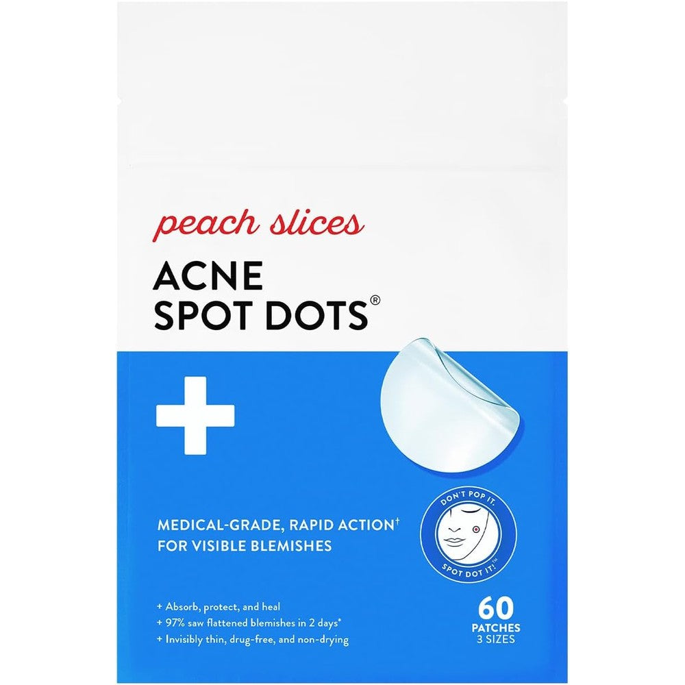 Peach Slices - Acne Spot Dots (60 ct) - Hydrocolloid Pimple Patches for Face - Absorb Gunk, Protect Picking & Support Healing - 3 Sizes (7, 10, & 12mm) - Vegan, Cruelty Free, Korean Skin Care & Beauty