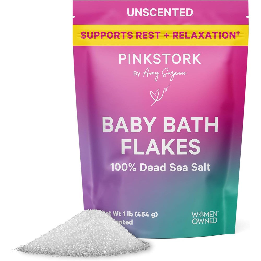Pink Stork Baby Bath Flakes - Pure Magnesium Chloride Bath Soak for Infants + Toddlers - Fragrance-Free, Non-GMO, No Melatonin - Supports Bedtime Routine, Skin Comfort + Wellness - 16 oz