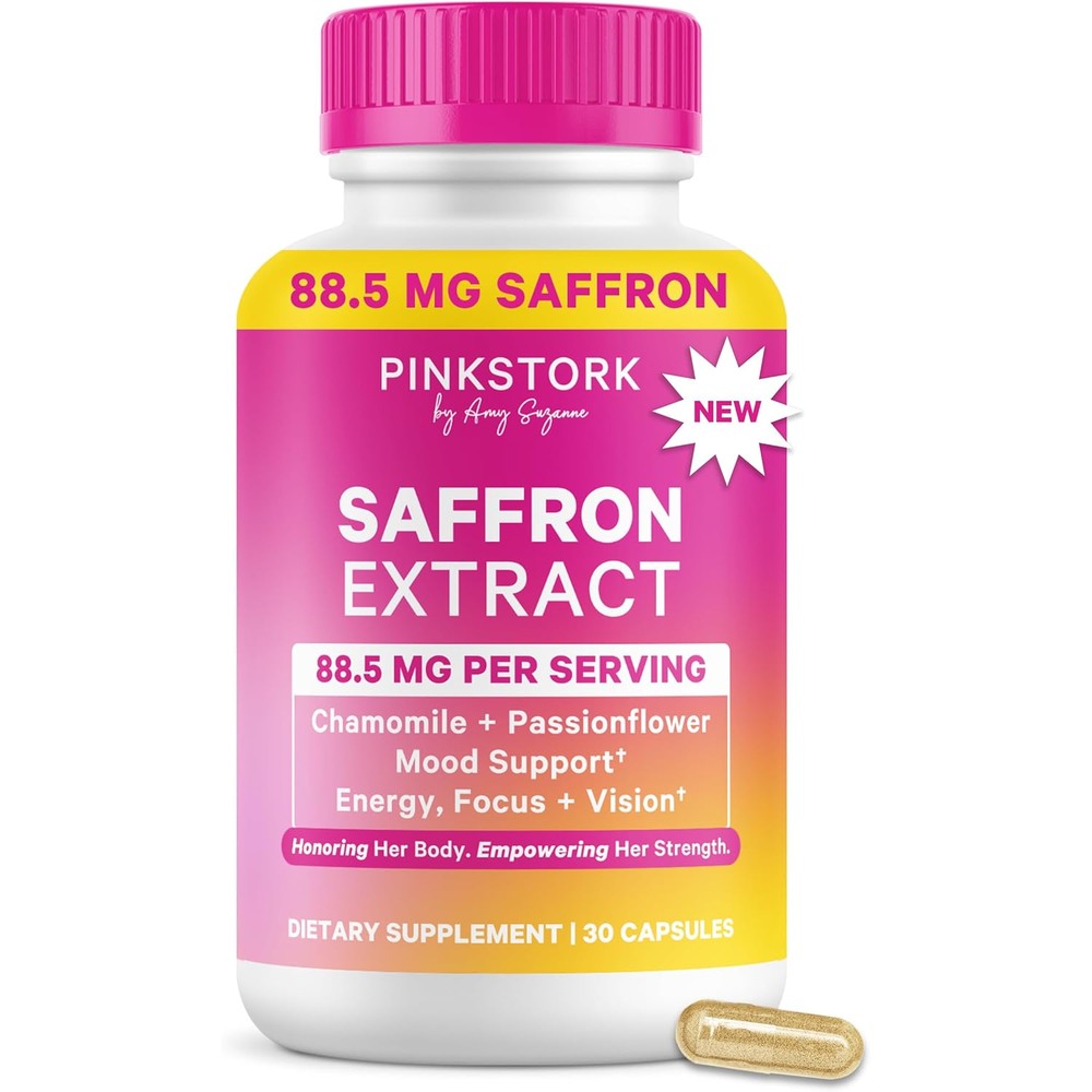 Pink Stork Saffron Extract for Mood Balance | 88.5mg Saffron with Chamomile & Passionflower | Stress, Calm + Cortisol Support for Women | Emotional Wellness + Hormonal Mood Balance | 30 Capsules
