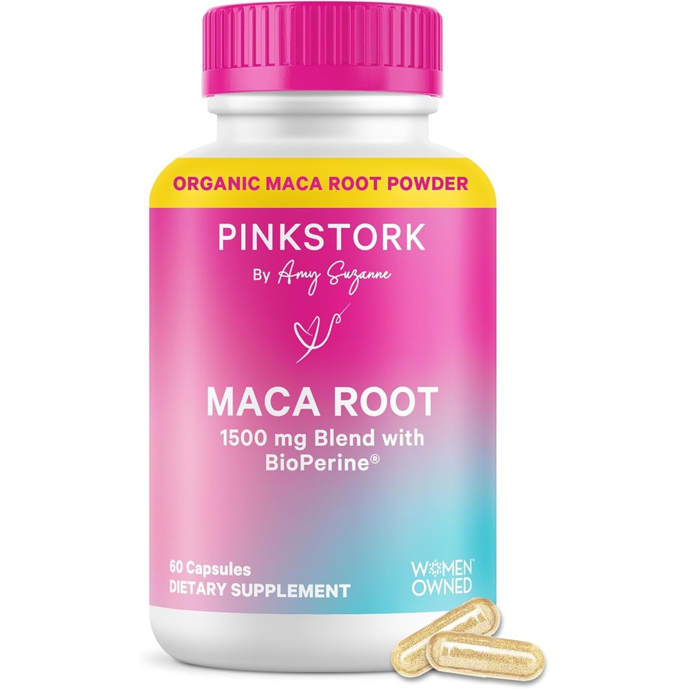 Pink Stork Maca Root Capsules for Women - Organic Maca with BioPerine(R) for Hormonal Balance, Energy + Wellness - Supports Perimenopause, Menstrual Health, and Vitality