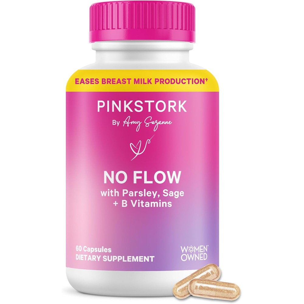 Pink Stork No Flow: Dry Up Breast Milk Supply with Sage, Parsley, and B Vitamins, Postpartum Essentials for Women to Stop Breastfeeding and Decrease Milk Production, 60 Capsules