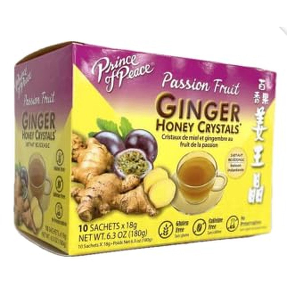 Prince of Peace Instant Ginger Honey Crystal with Passion Fruit 18g x 10 (bag) - Instant Hot or Cold Beverage that Soothes Throat - Easy to Brew - Drink Like a Tea - Gluten Free - Real Ginger