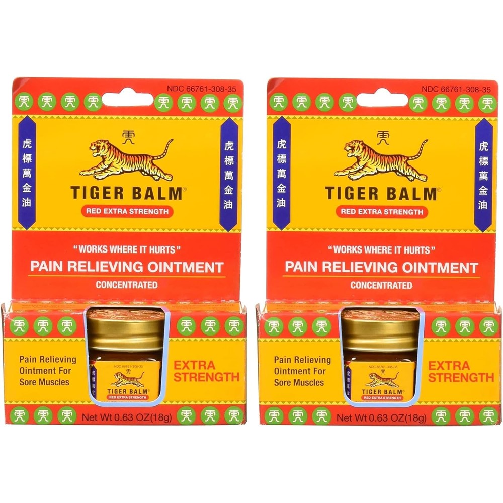 Tiger Balm Pain Relieving Red Extra Strength, 18g - Relief for Sore Muscles - Extra Strength Sports Rub - Tiger Balm Extra Strength - Tiger Balm Ointment (Pack of 2)