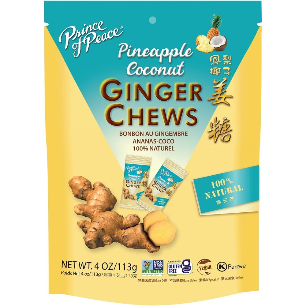 Prince of Peace Ginger Chews with Pineapple Coconut 4oz - Candied Ginger - Candy Pack - Ginger Chews Candy - Natural Candy - Ginger Candy for Nausea
