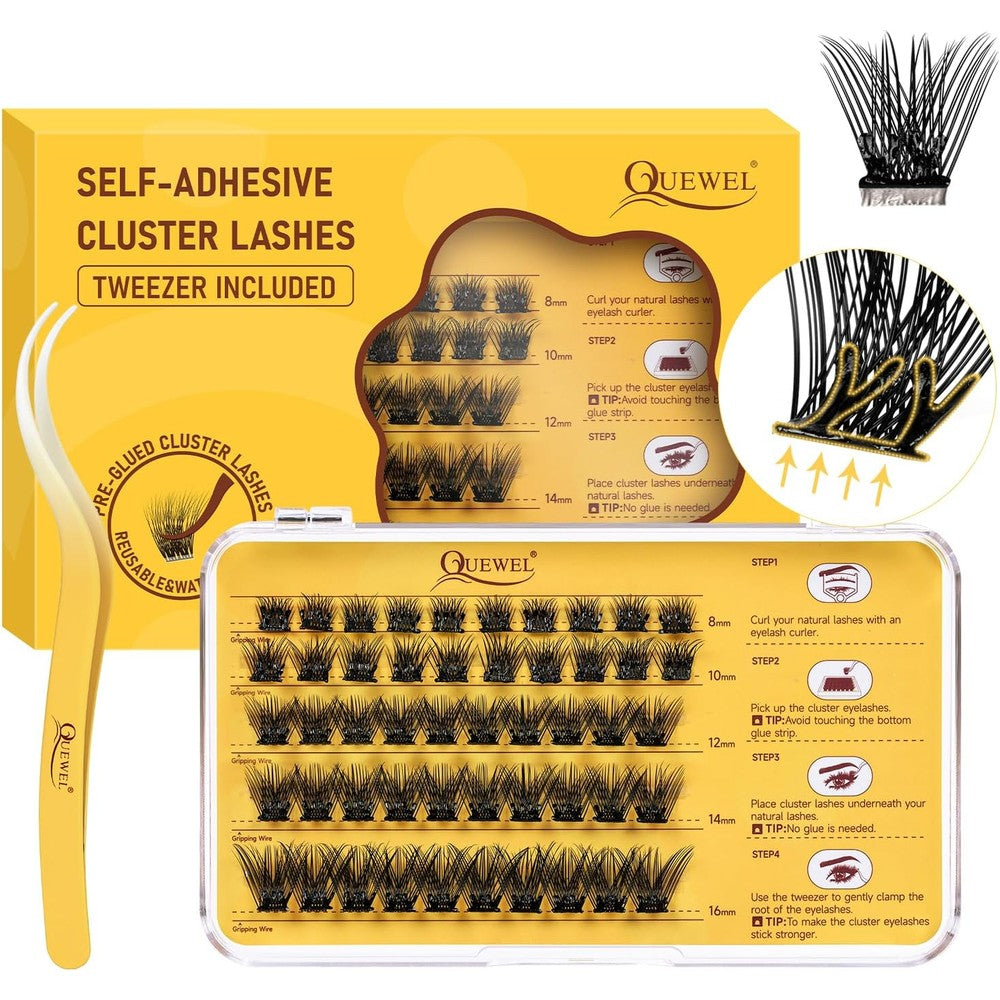 QUEWEL Self Adhesive Eyelashes Natural Look, No Glue Needed Lash Clusters with Eyelash Clusters Tweezer, 40 Pcs Reusable Lashes Self Adhesive for Beginners, DIY Lash Extensions for Home Use(ZN-06)