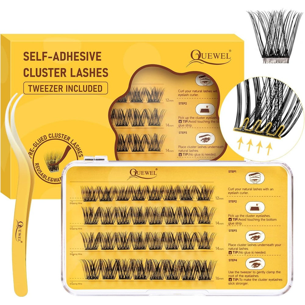 QUEWEL Self Adhesive Eyelashes Natural Look, No Glue Needed Lash Clusters with Eyelash Clusters Tweezer, 32 Pcs Reusable Lashes Self Adhesive for Beginners, DIY Lash Extensions for Home Use(ZN-05)