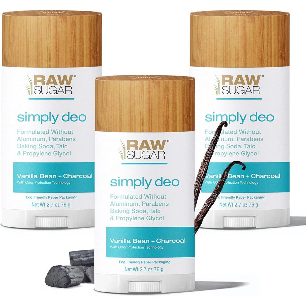 RAW SUGAR Deodorant Stick, Simply Deo Bundle (Pack of 3) Whole Body Deodorant for Women & Men, Clean Formulated without Aluminum, Baking Soda, Talc & Parabens, Vanilla Bean + Charcoal Scent