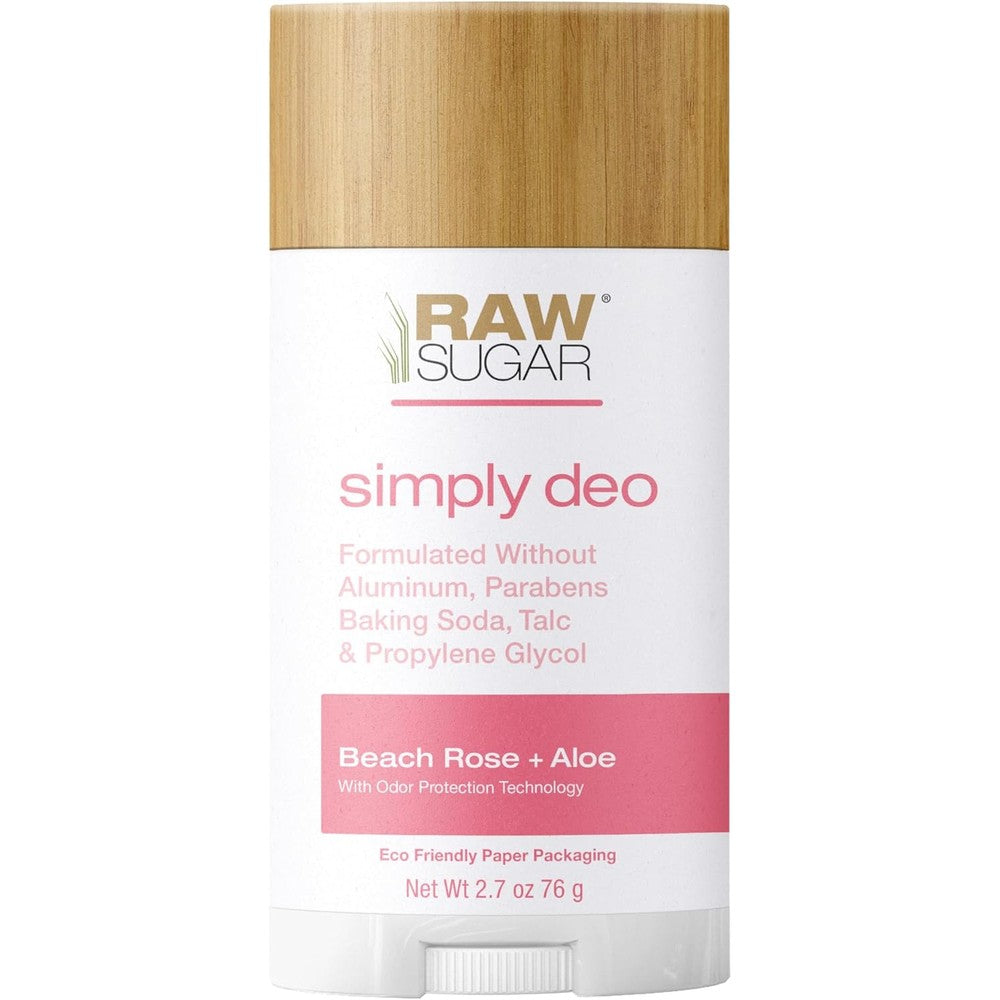 RAW SUGAR Deodorant Stick, Simply Deo (Pack of 1) Whole Body Deodorant for Women & Men, Clean Formulated without Aluminum, Baking Soda, Talc & Parabens, Beach Rose + Aloe Scent