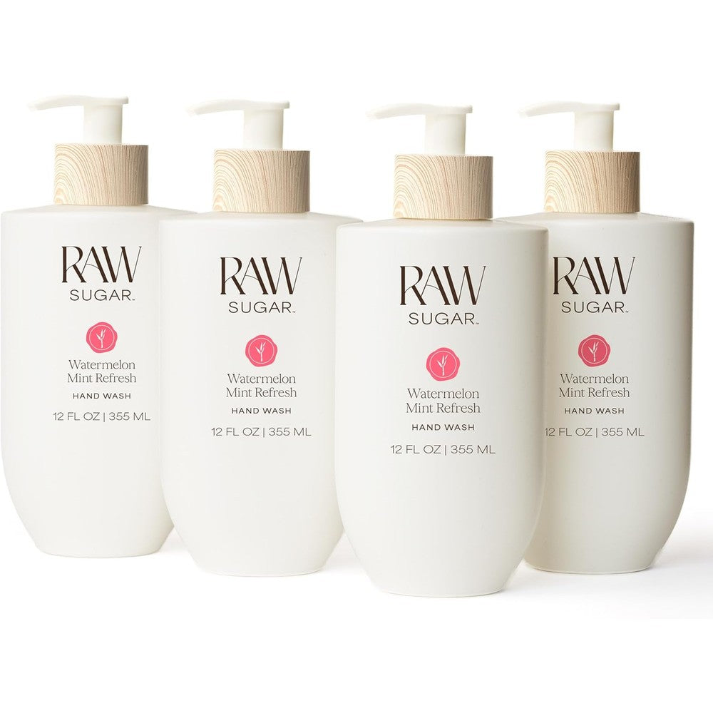 RAW SUGAR Watermelon Mint Refresh Hand Wash, 12 Fl Oz (Pack of 4) Liquid Hand Soap for Kitchen or Bathroom, Cleanses & Refreshes Hands, Vegan, Formulated without SLS/SLES & Parabens
