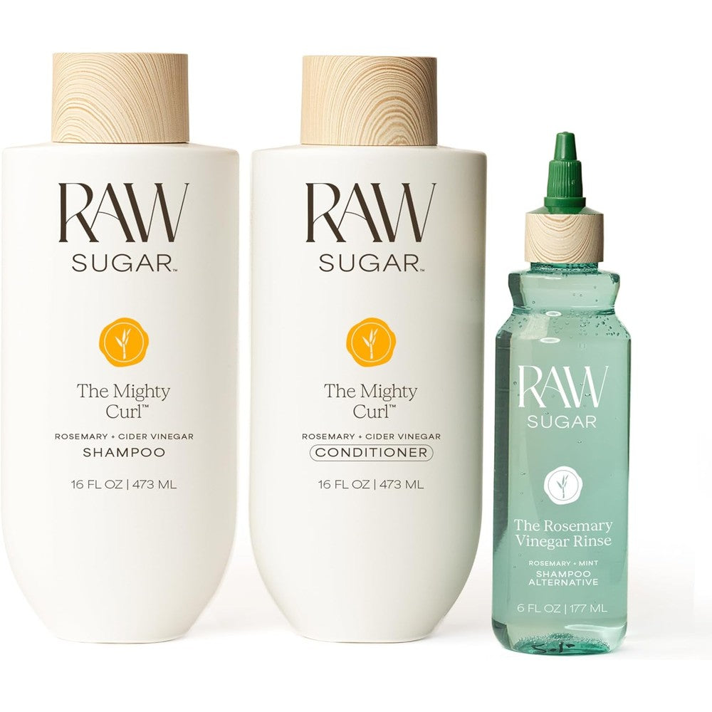 Raw Sugar The Mighty Curl Hair Care Duo and Rosemary Vinegar Hair Rinse (3 Products) Gently Cleanses, Defines Curls & Boosts Shine, Without SLS/SLES & Parabens, Color-Friendly, Vegan