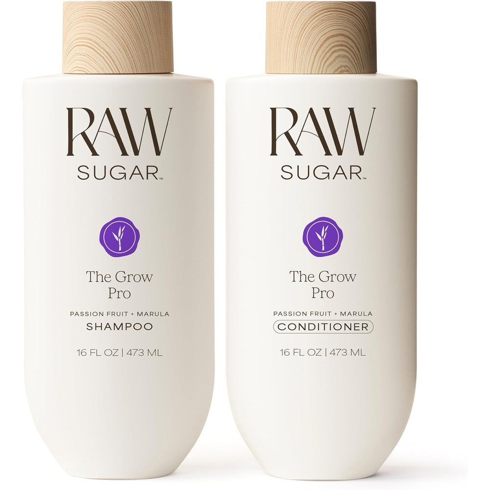 Raw Sugar Grow Pro Hair Care Bundle- Shampoo & Conditioner with Vegan Biotin for Anti-Thinning & Pro-Lengthening, Passion Fruit & Marula for Fuller Hair, Formulated without SLS/SLES or Parabens