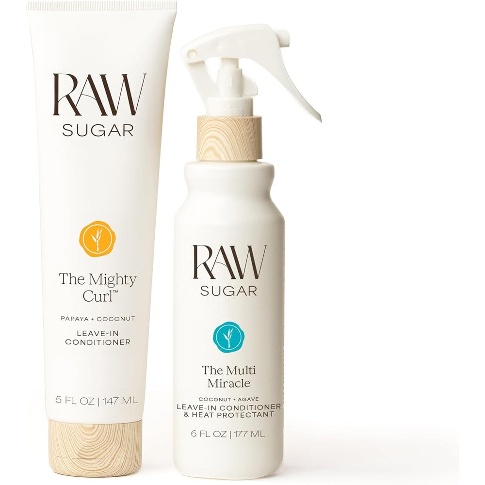 Raw Sugar Leave In Conditioner Duo, The Multi Miracle Hair Mist & The Mighty Curl Cream (2 Products) Heat Protectant, Hydration and Frizz Control for All Hair Types, A Conditioning Haircare Bundle
