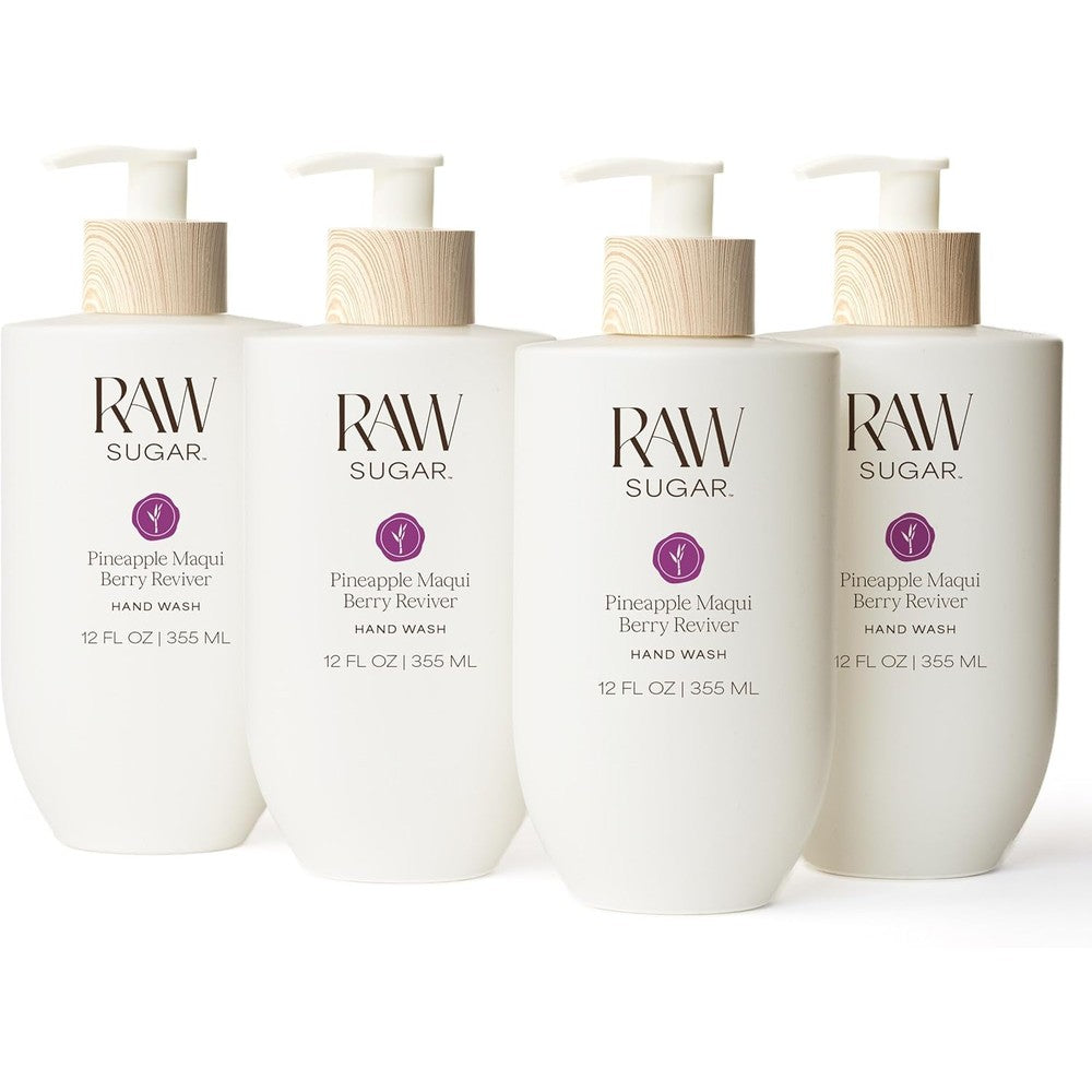 RAW SUGAR Pineapple Maqui Berry Reviver Hand Wash, 12 Fl Oz (Pack of 4) Liquid Hand Soap for Kitchen or Bathroom, Cleanses & Refreshes Hands, Vegan, Formulated without SLS/SLES & Parabens