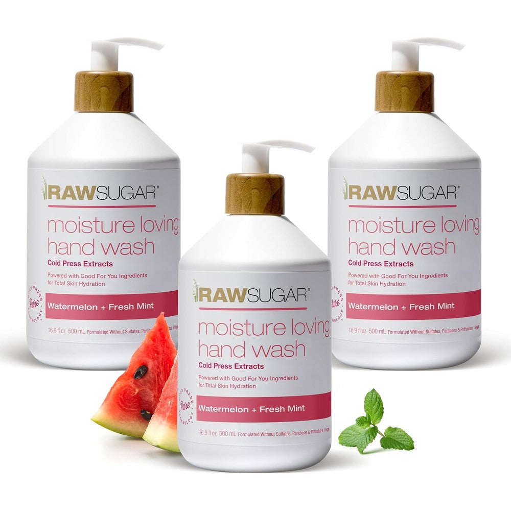 RAW SUGAR Moisture Loving Hand Wash, 16.9 Fl Oz (Pack of 3) Watermelon + Fresh Mint Liquid Hand Soap for Kitchen or Bathroom, Cleanses & Refreshes Hands, Formulated without Sulfates & Parabens