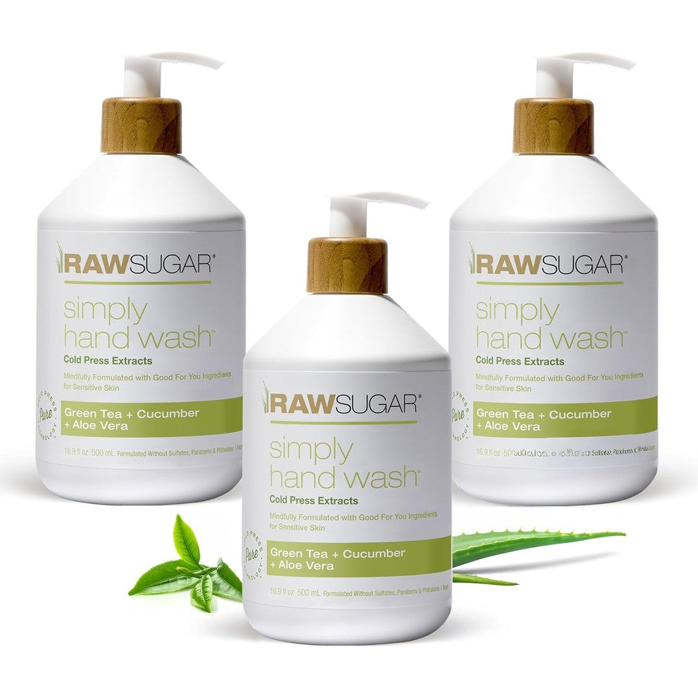 RAW SUGAR Simply Hand Wash, 16.9 Fl Oz (Pack of 3) Green Tea Liquid Hand Soap for Kitchen or Bathroom, Cleanses & Refreshes Hands, Formulated without SLS/SLES & Parabens