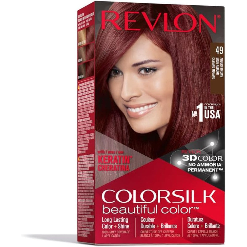 Revlon Colorsilk Beautiful Color, Permanent Hair Dye with Keratin, 100% Gray Coverage, Ammonia Free, 49 Auburn Brown