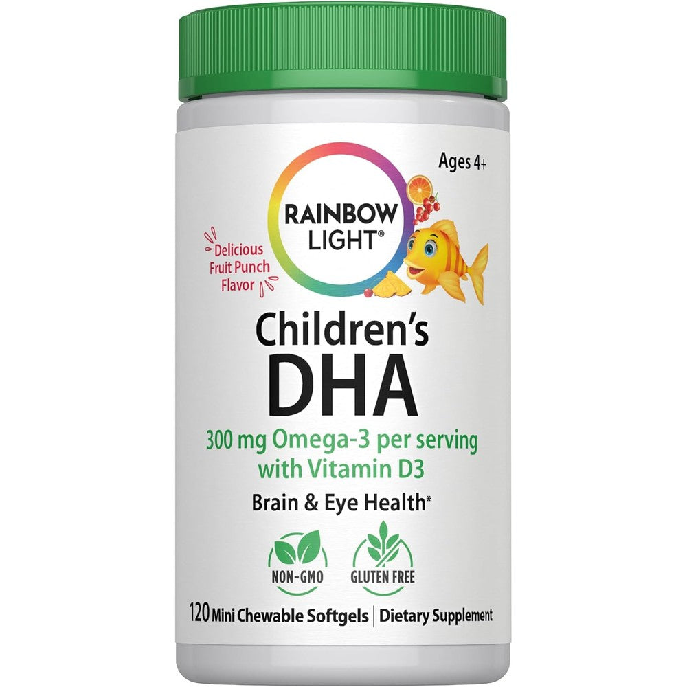 Rainbow Light Children's DHA | 120 Mini Chewable Softgels | 300mg Omega 3 Per Serving | with Vitamin D3 | for Ages 4+ | Delicious Fruit Punch Flavor