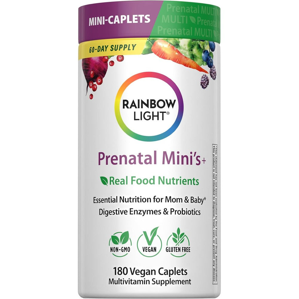 Rainbow Light Prenatal + Multivitamin for Women | 180 Vegan Caplets | Essential Nutrition for Mom & Baby | Real Food Nutrients, Digestive Enzymes, & Probiotics