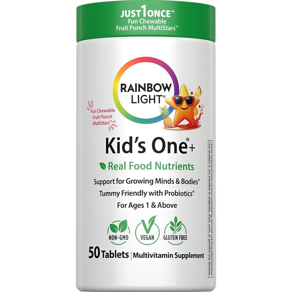 Rainbow Light Kids One + Multivitamin | 50 Chewable Tablets | with Iron & Tummy Friendly Probiotics | Fruit Punch Flavor | Real Food Nutrients