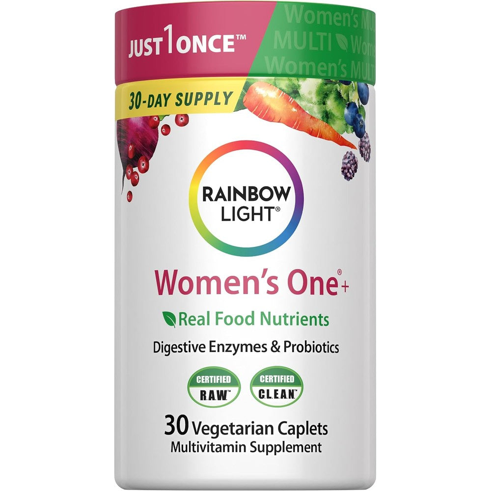 Rainbow Light Womens Multivitamin One + | 30 Caplets | Real Food Nutrients, Digestive Enzymes & Probiotics