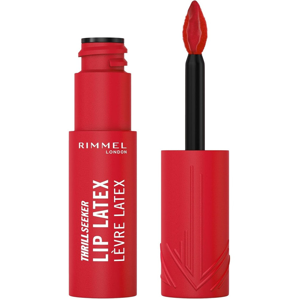 Rimmel Thrill Seeker Lip Latex, 400 Rimmel Red, Liquid Lipstick, Lipgloss, Lip Colour, Hyaluronic Lipstick, Lip Stain, Smooth Shine, Hydration, Hyaluronic Acid, Vitamin E, Aloe Vera, 0.2oz