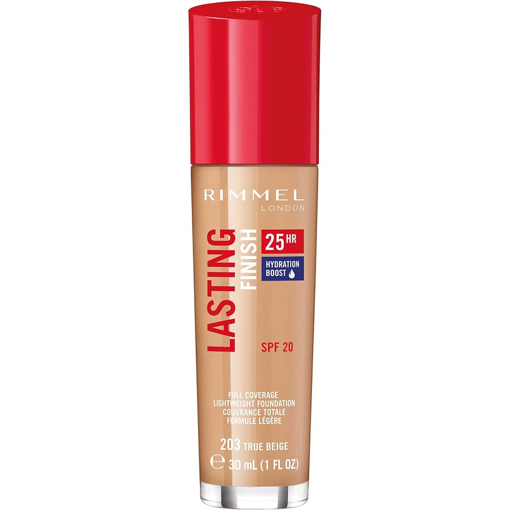 Rimmel London Lasting Finish 25HR - 203 True Beige - Foundation, 25-Hour Wear, Full Coverage, Waterproof, 1oz