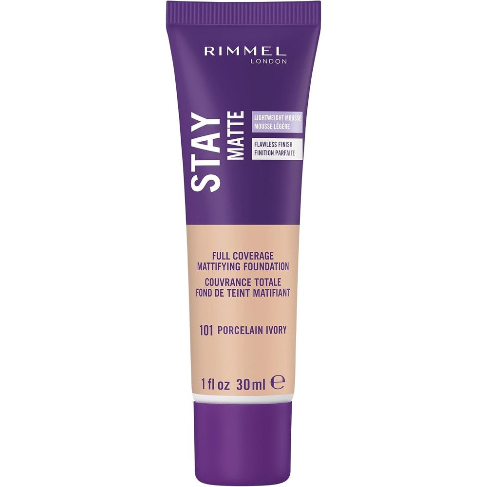Rimmel London Stay Matte Liquid Mousse - 101 Porcelain Ivory - Foundation, Lightweight, Shine Control, Oil-Free, 1oz