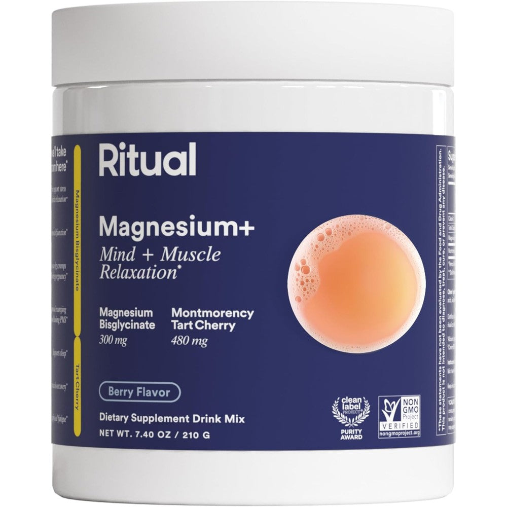 Ritual Magnesium+ Glycinate Drink Mix Supplement - with Tart Cherry to Support Calm, Sleep, Mind, Muscle Relaxation, Recovery and Cramping Relief** - Vegan - Sugar-Free - Berry - 30 Servings