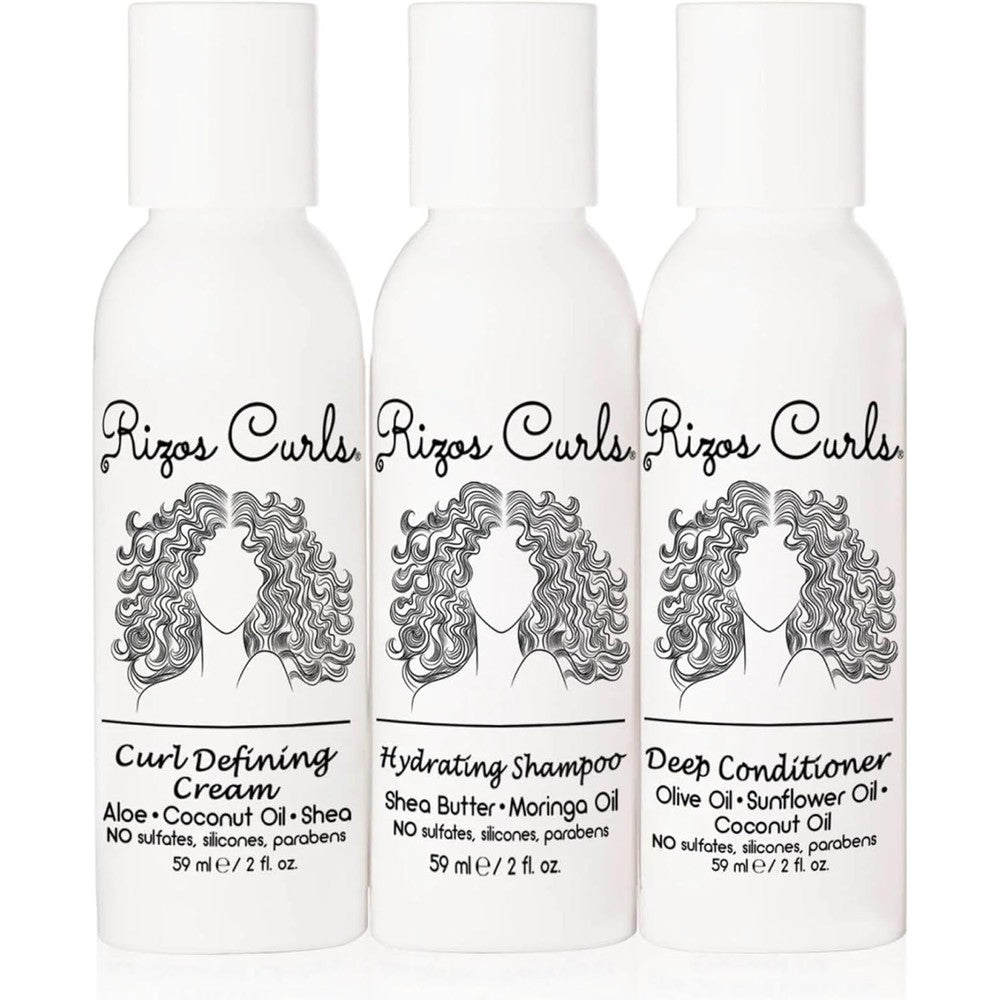 Rizos Curls Trio Travel Curl Kit, Includes Travel Hydrating Shampoo, Travel Deep Conditioner, Travel Curl Cream, Gently Cleanse, Hydrate and Style, For All Curl Patterns 2a - 4c, 3 pack of 2 oz