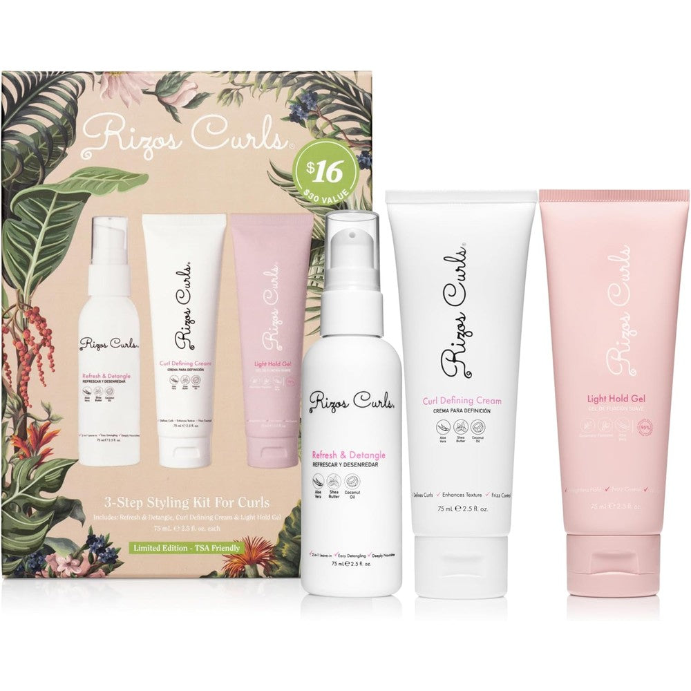 Rizos Curls 3-Step Styling Kit - Define, Style, Hold with Curl Defining Cream, Light Hold Gel & Refresh Spray - Enhances Shine, Moisture & Frizz Control for All Curl Types 2c-4c - Sulfate Paraben Free