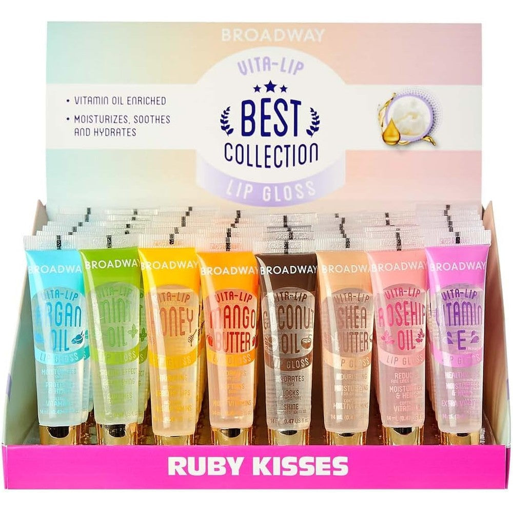 Ruby Kisses Broadway Vita-Lip Clear Lip Gloss (48 Pack), Ultra-Hydrating & Soothing Formula with Vitamins, High-Shine Non-Sticky Finish Lip Balm with Mint, Rosehip, Coconut, Mango, Argan, Honey, Shea