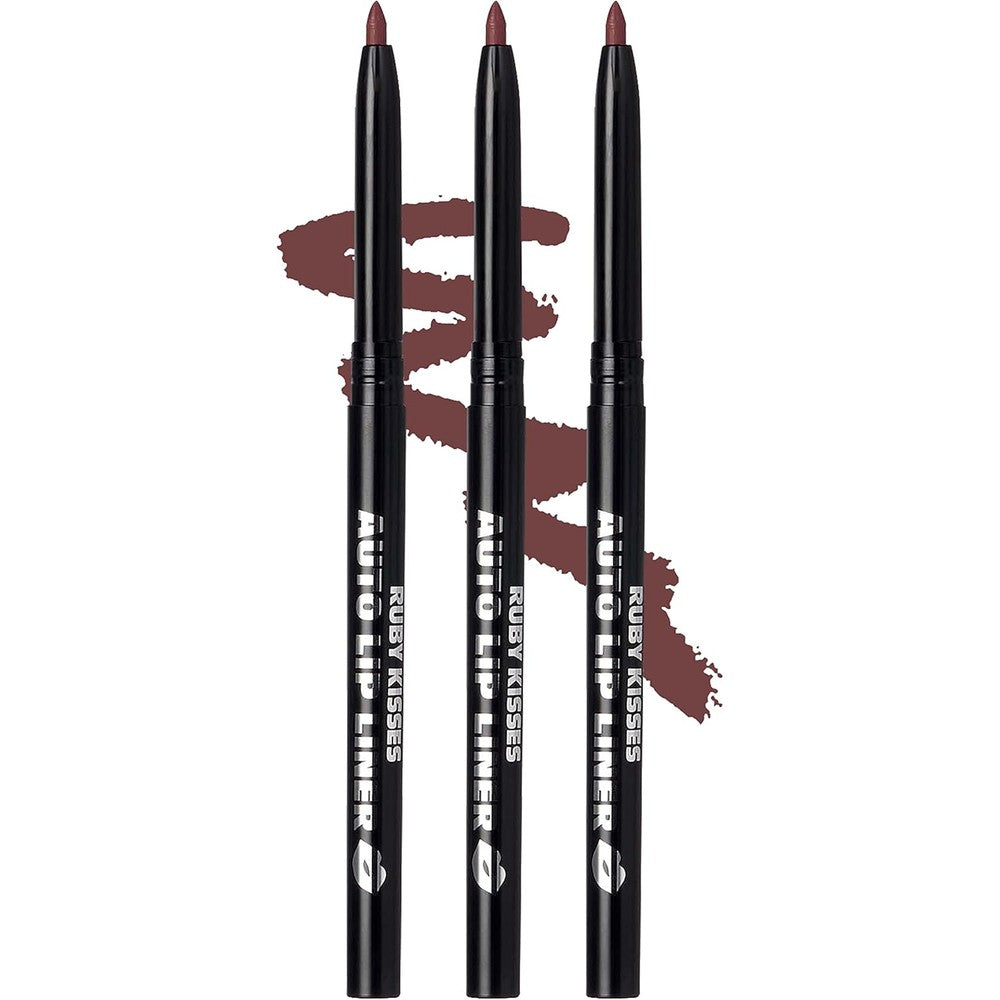 Ruby Kisses Auto Lip Liner Pencil (Cocoa 3 Pack), Long Lasting & Non-Fading, Smooth Application, Non-Feathering with Rich Pigmented Color, No Sharpener Needed, Ideal for Full Lips Look